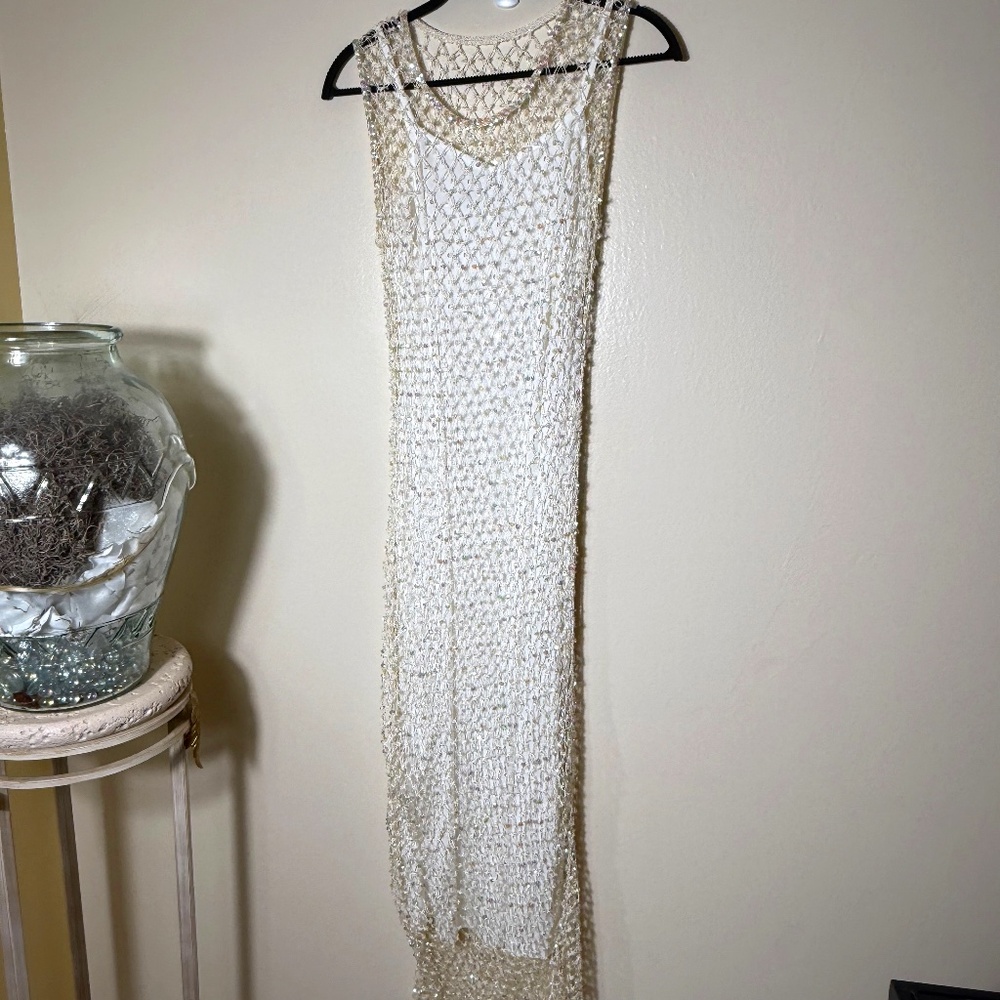 Off White spaghetti strap dress with crochet overlay
